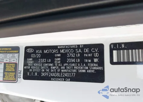 2020 Kia Forte Lxs from USA, damaged, VIN 3KPF24AD8LE240177